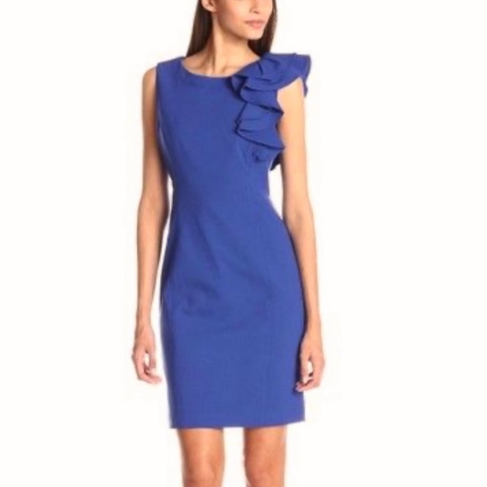 Calvin Klein ruffle shoulder royal blue dress